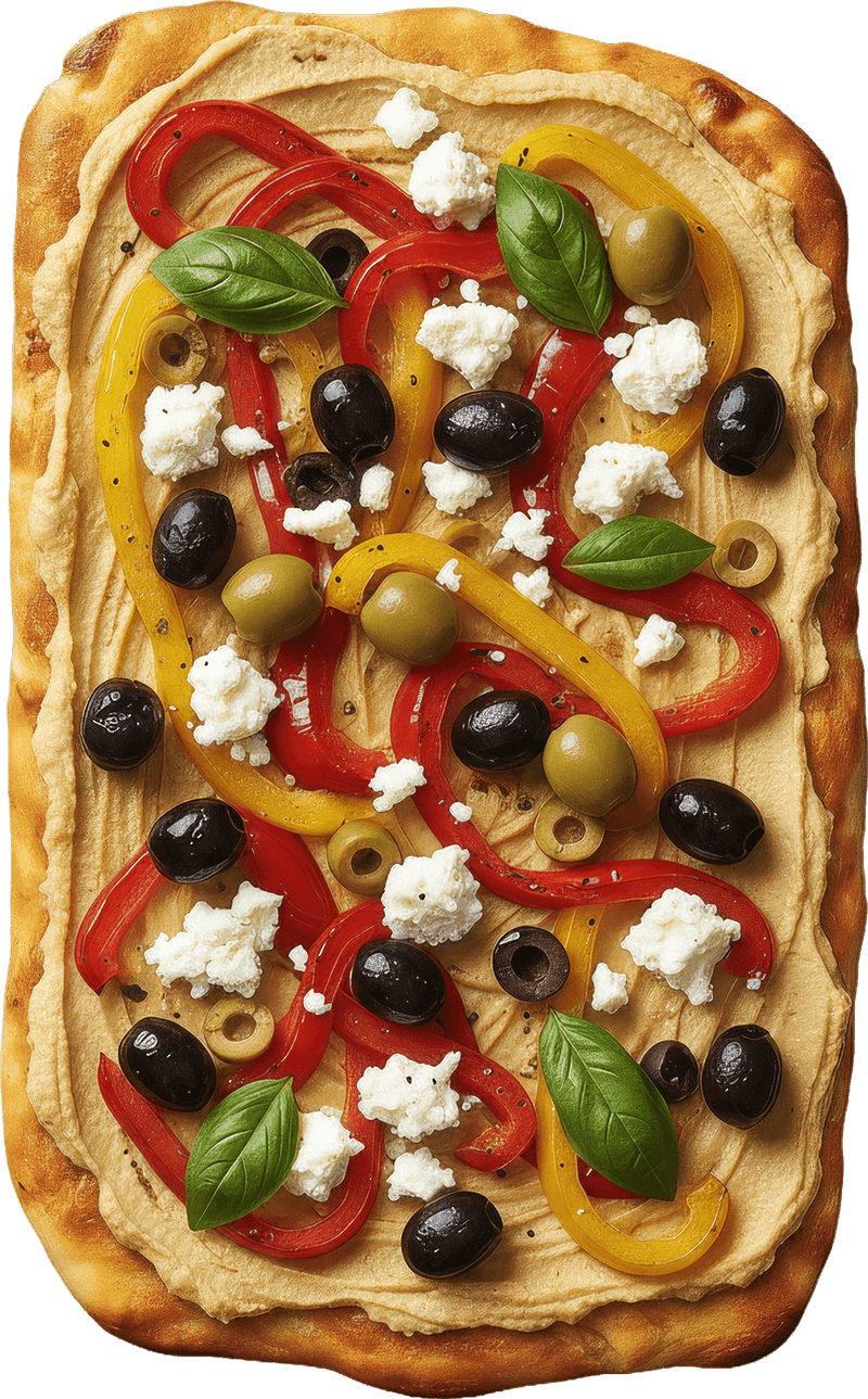 Mediterranean Mezze Pizza using Epico Pinsa Romana pizza base.